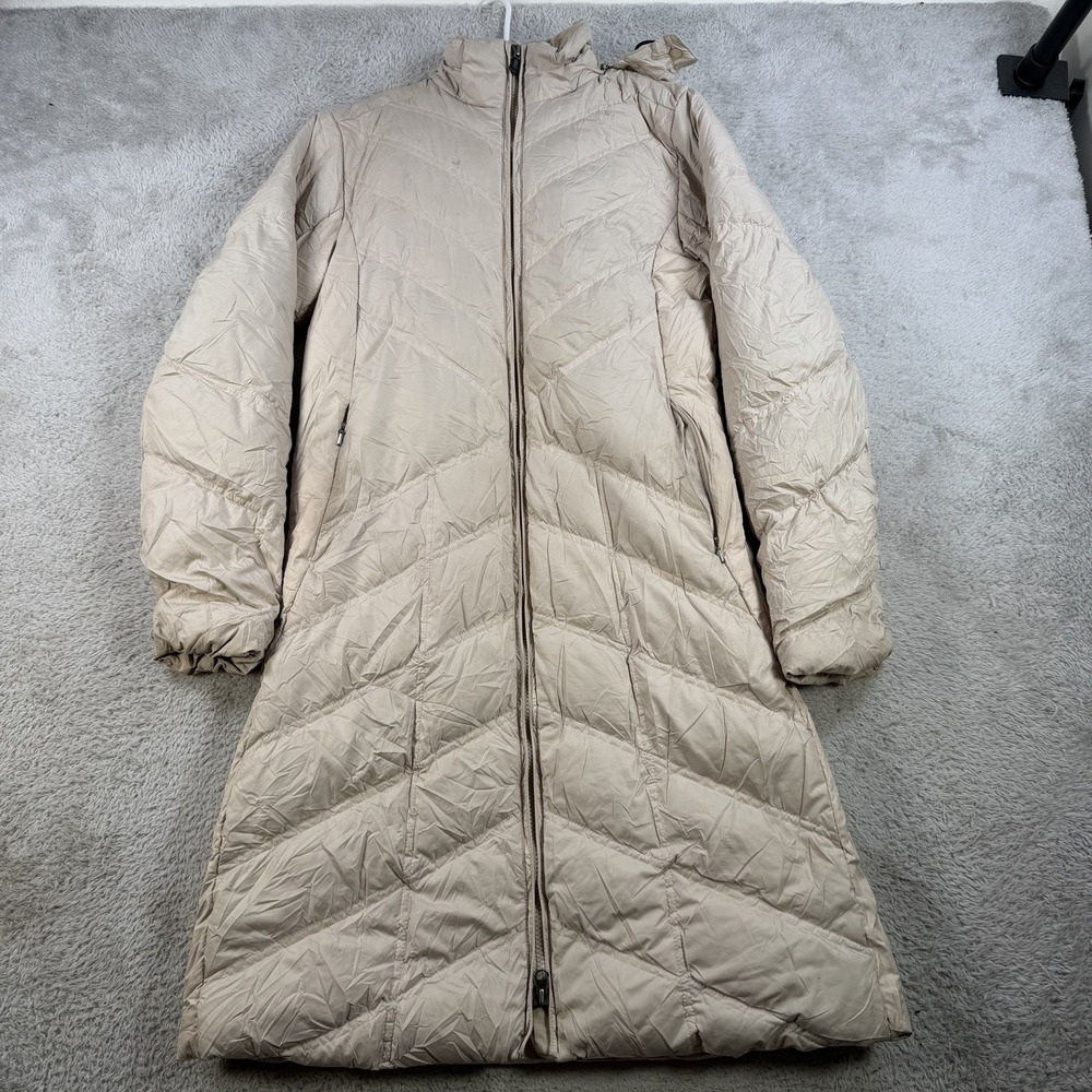 Patagonia Parka Womens XS Beige Down With It Hooded Long Zip Pocket